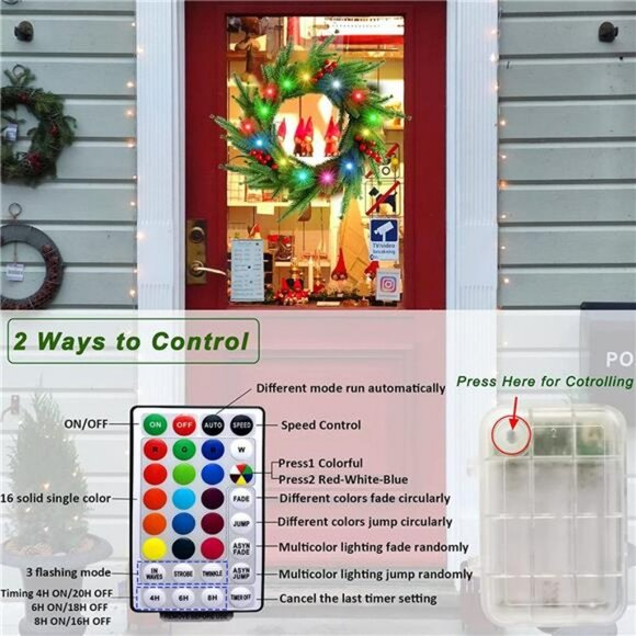 18 Colors Christmas Wreath, 13.4In Color Changing Winter Front Door Wreath - Picture 3 of 6